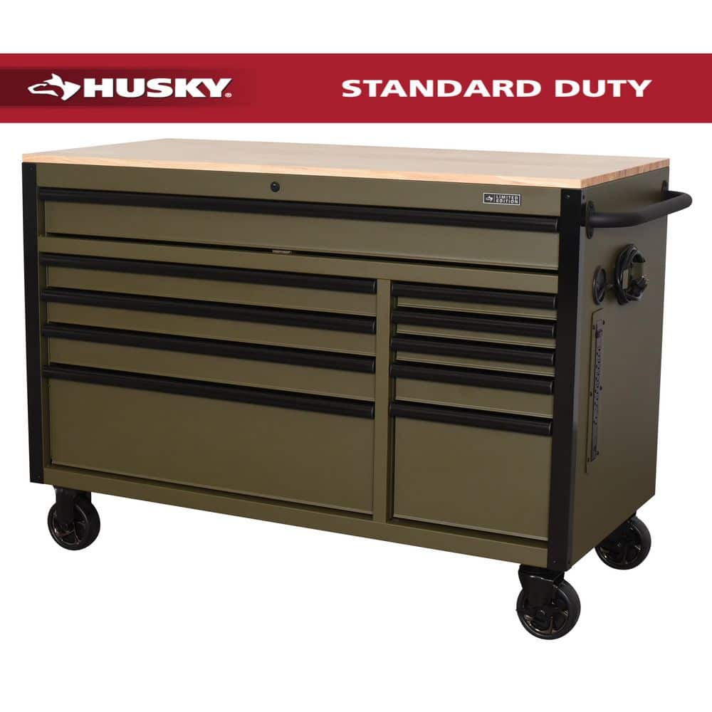 Husky Limited Edition 52 in. x 24.5 in. D 10-Drawer Army Green Mobile Workbench with Solid Wood Top H52MWC10ARMY - The Home Depot