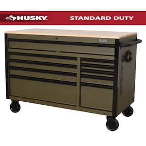 Limited Edition 52 in. x 24.5 in. D 10-Drawer Army Green Mobile Workbench with Solid Wood Top