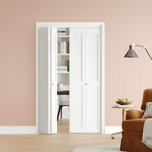 60 in. W. x 80 in. Solid Core, MDF Wood, White, PVC Covering, Half Louver Half Panel MDF Bi-fold Door with Hardware Kits