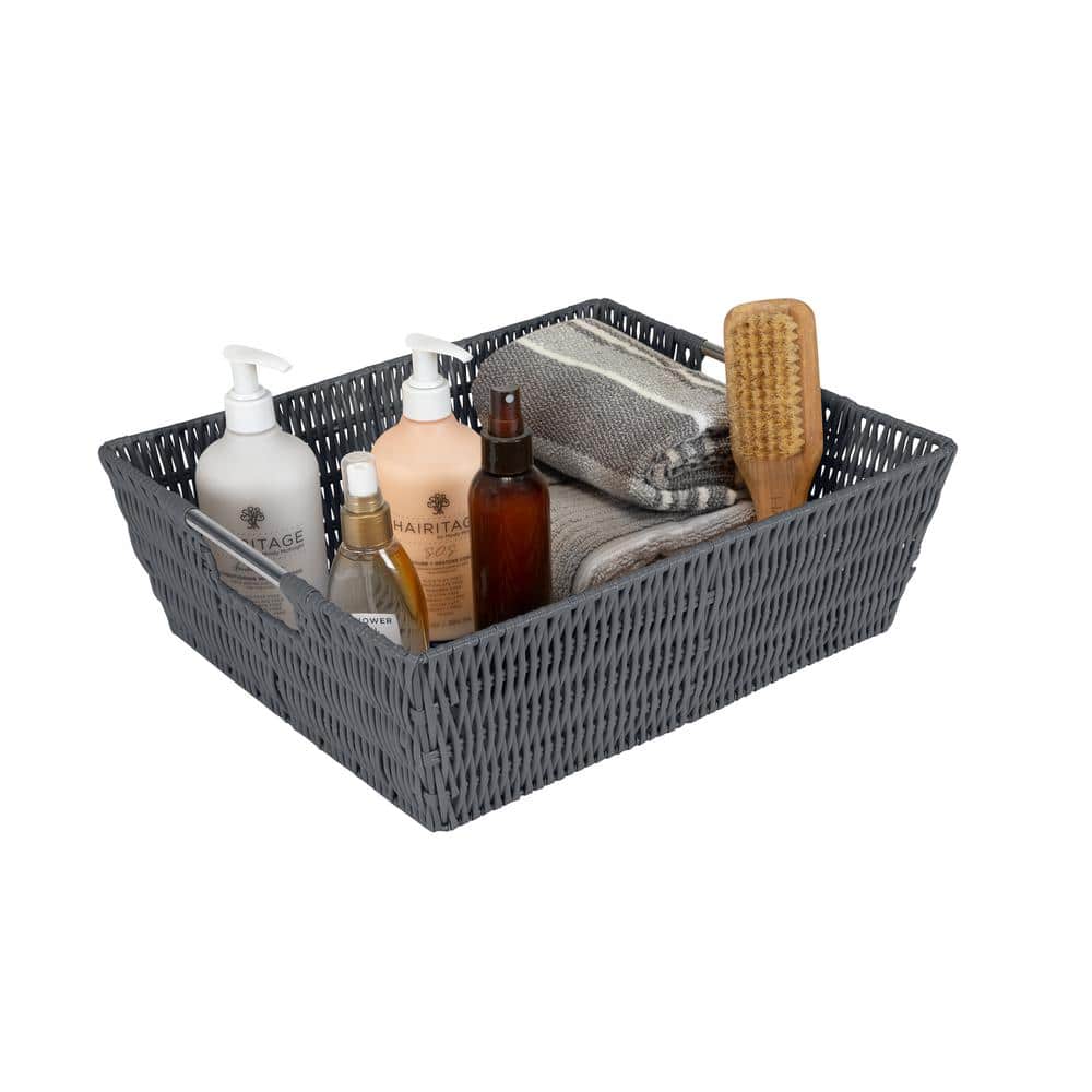Charcoal Gray Rectangular Rattan Storage Basket with Metal Handles