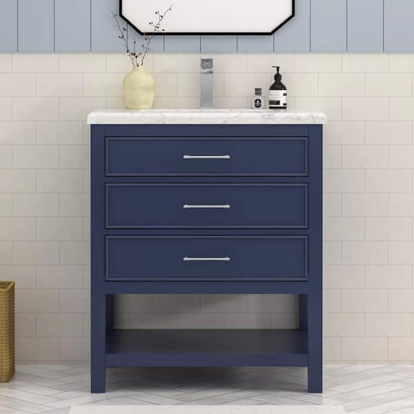 HOMEVY STUDIO Smania 30 in. W x 22 in. D x 35.63 in. H Single-Sink Freestanding Bath Vanity in Marine Blue with Carrara Marble Top