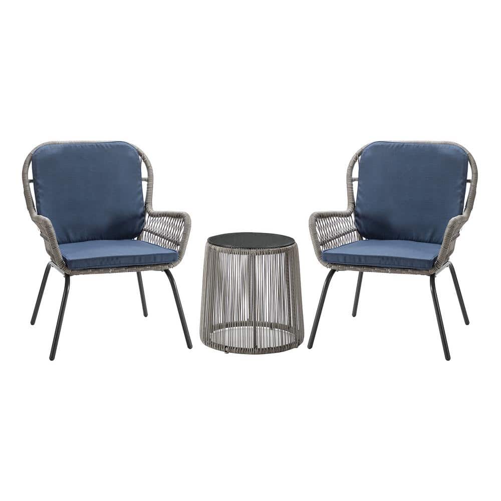 3 Piece Metal Patio Outdoor Bistro Set with Blue Cushions