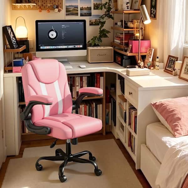 Ergonomic Task Chair Faux Leather Upholstered Office Swivel Chair with Double-Layer Cushion and Flip-Up Arms in Pink