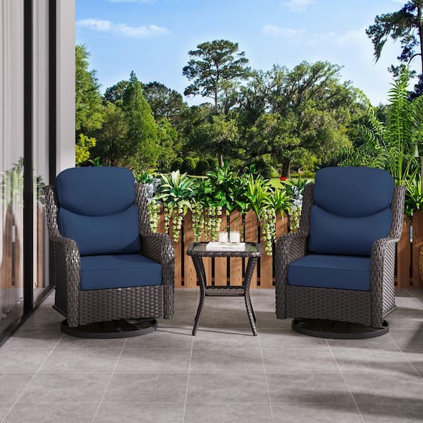 Smiley 3-Piece Brown Wicker Outdoor Rocking Chairs Swivel Chair Set with Thick Blue Cushions and Side Table