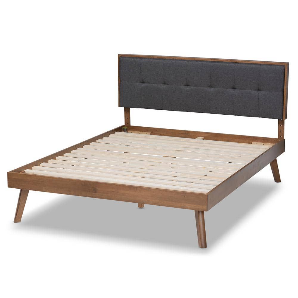 Full Dark Grey Upholstered Walnut Wood Platform Bed