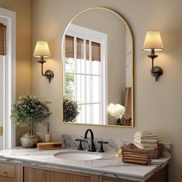 26 in. W x 38 in. H Arched Framed Wall Bathroom Vanity Mirror in Gold with Metal Frame, Entryway, Living Room