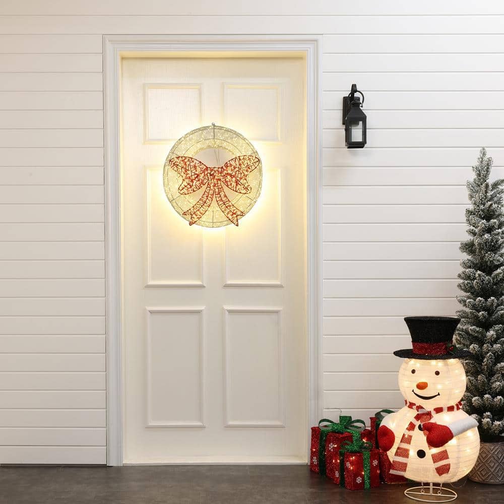 1.6-Foot Gold LED Christmas Wreath with Red Light Bow