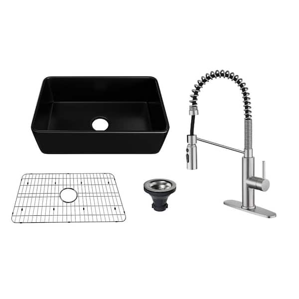 CASAINC All-in-One 30 in. Farmhouse/Apron-Front Single Bowl Fireclay Kitchen Sink with Kitchen Faucet, Grid, and Basket Strainer