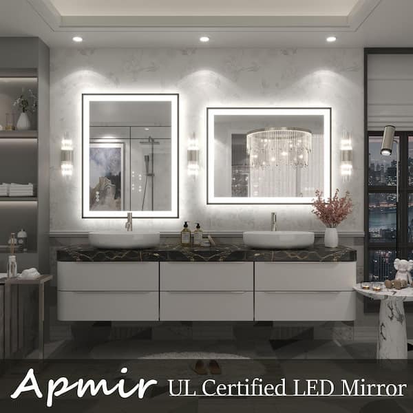 28 in. W x 36 in. H Rectangular Space Aluminum Framed Dual Lights Anti-Fog Wall Bathroom Vanity Mirror in Tempered Glass