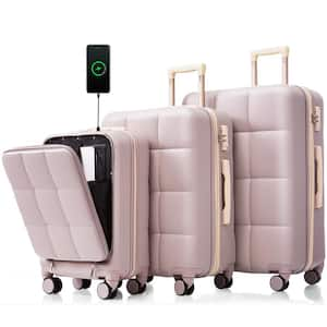 3-Piece Rosy Brown 20"24"28" Expandable ABS Spinner Luggage Set with USB Port, Front Opening Design(20"), 3 Cup Holders