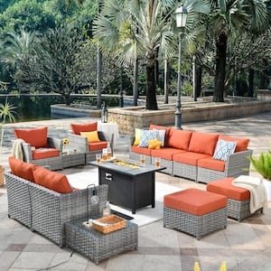 Eufaula Gray 13-Piece Wicker Modern Outdoor Patio Fire Pit Conversation Sofa Seating Set with Orange Red Cushions