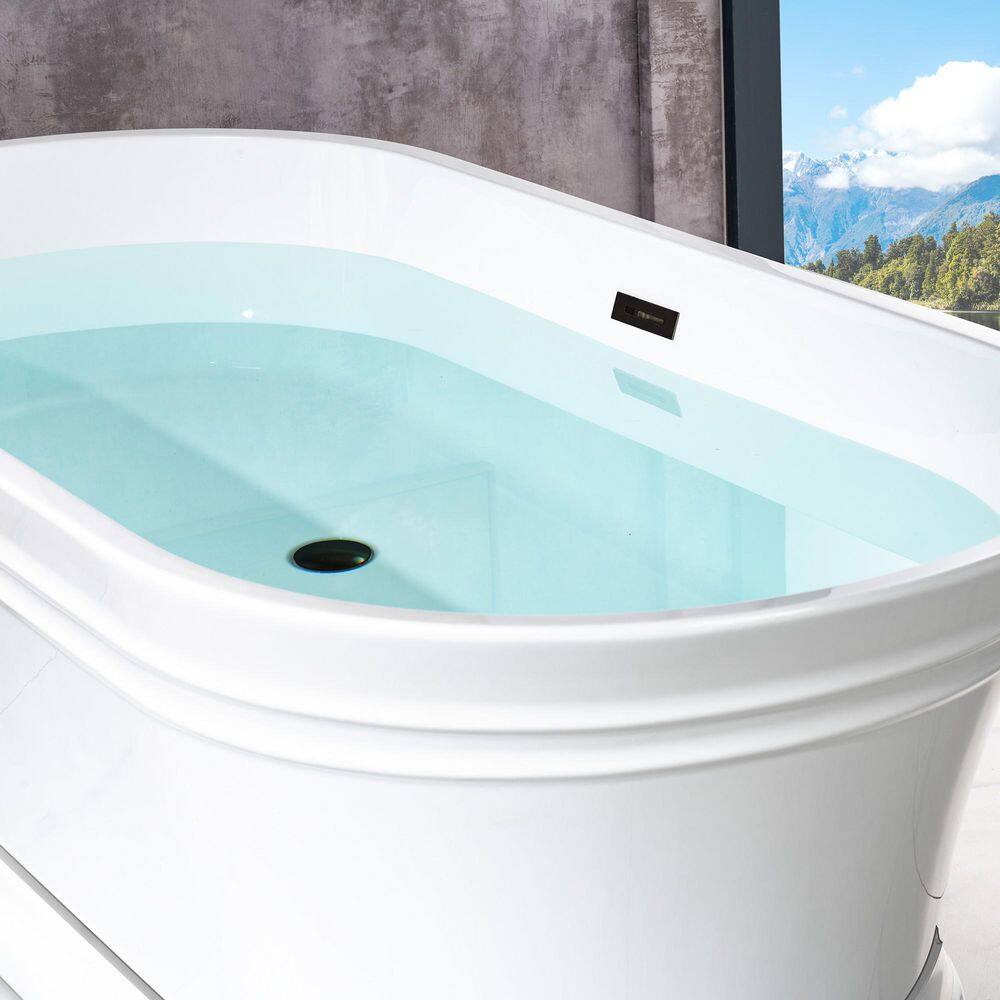 67" White Acrylic Freestanding Soaking Bathtub with Matte Black Trim