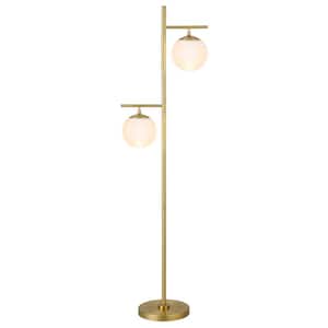 Pyrus 70.5 in. 2- Light Brass/White Milk Floor Lamp with Glass Shades