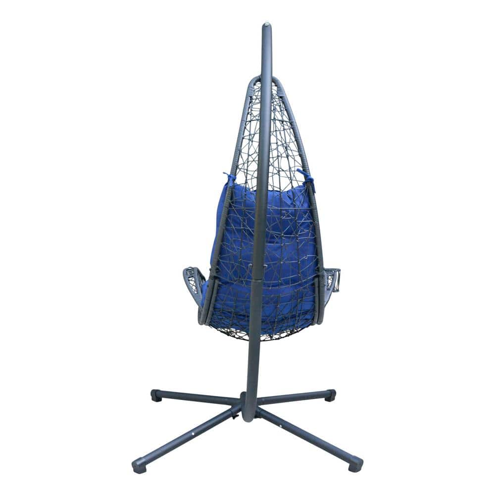 Blue Cushioned Rattan Wicker Hanging Chair with Stand