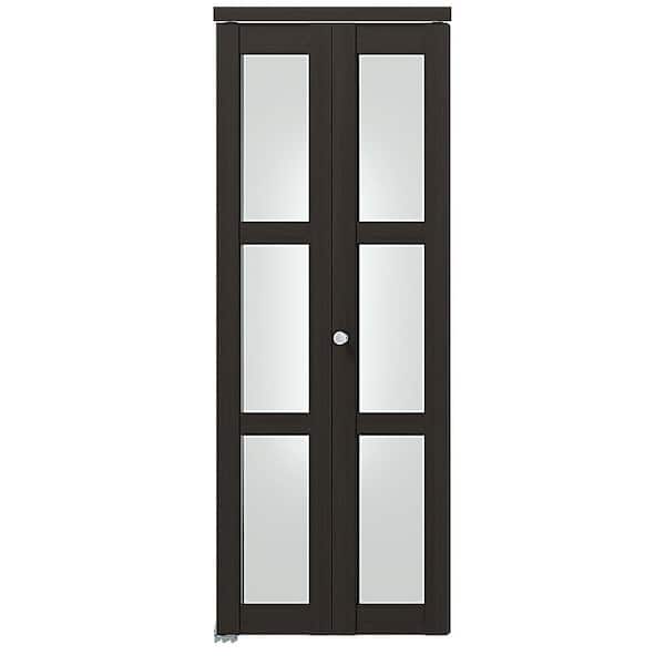 30 in. x 80 in. Frosted Glass, Solid Core, Dark Brown, 3 Lite, MDF, PVC Covering Bi-fold Door with All Hardware