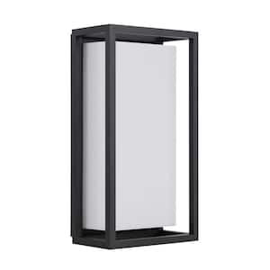 Abbey 14 in. Modern 1-Light Sand Black LED Hardwired Outdoor Wall Lantern Sconce with Acrylic White Shade (1-Pack)
