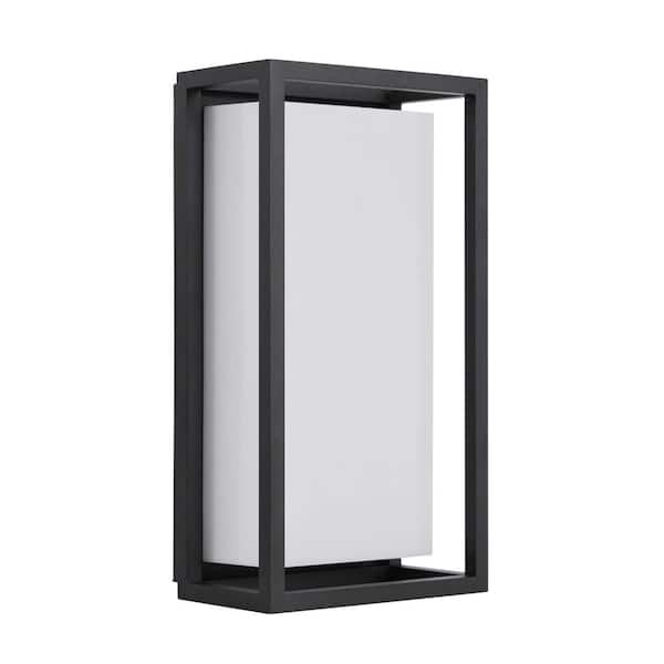Home Decorators Collection Abbey 14 in. Modern 1-Light Sand Black LED Hardwired Outdoor Wall Lantern Sconce with Acrylic White Shade (1-Pack)