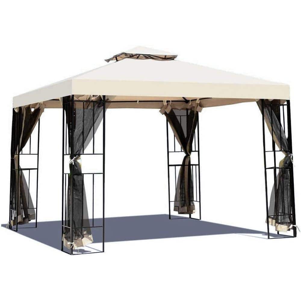 10 ft. x 10 ft. Beige Outdoor Gazebo with Mosquito Netting and Curtains
