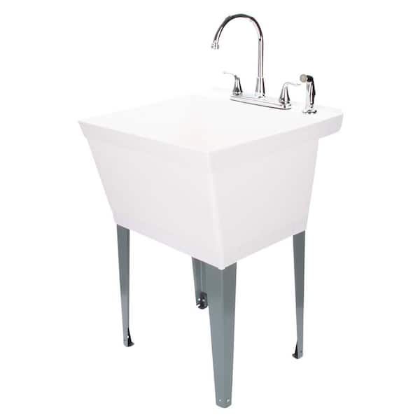 TEHILA 22.875 in. x 23.5 in. 19 Gal. Thermoplastic Utility Sink Set with Metal Hybrid Chrome Faucet and Side Sprayer in White