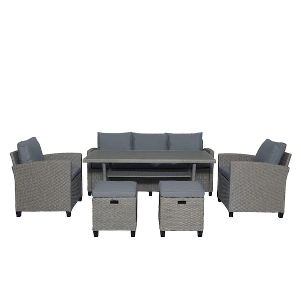 Wateday Garden 6-Piece Rattan Outdoor Sectional with Gray Cushions and Grey Wicker