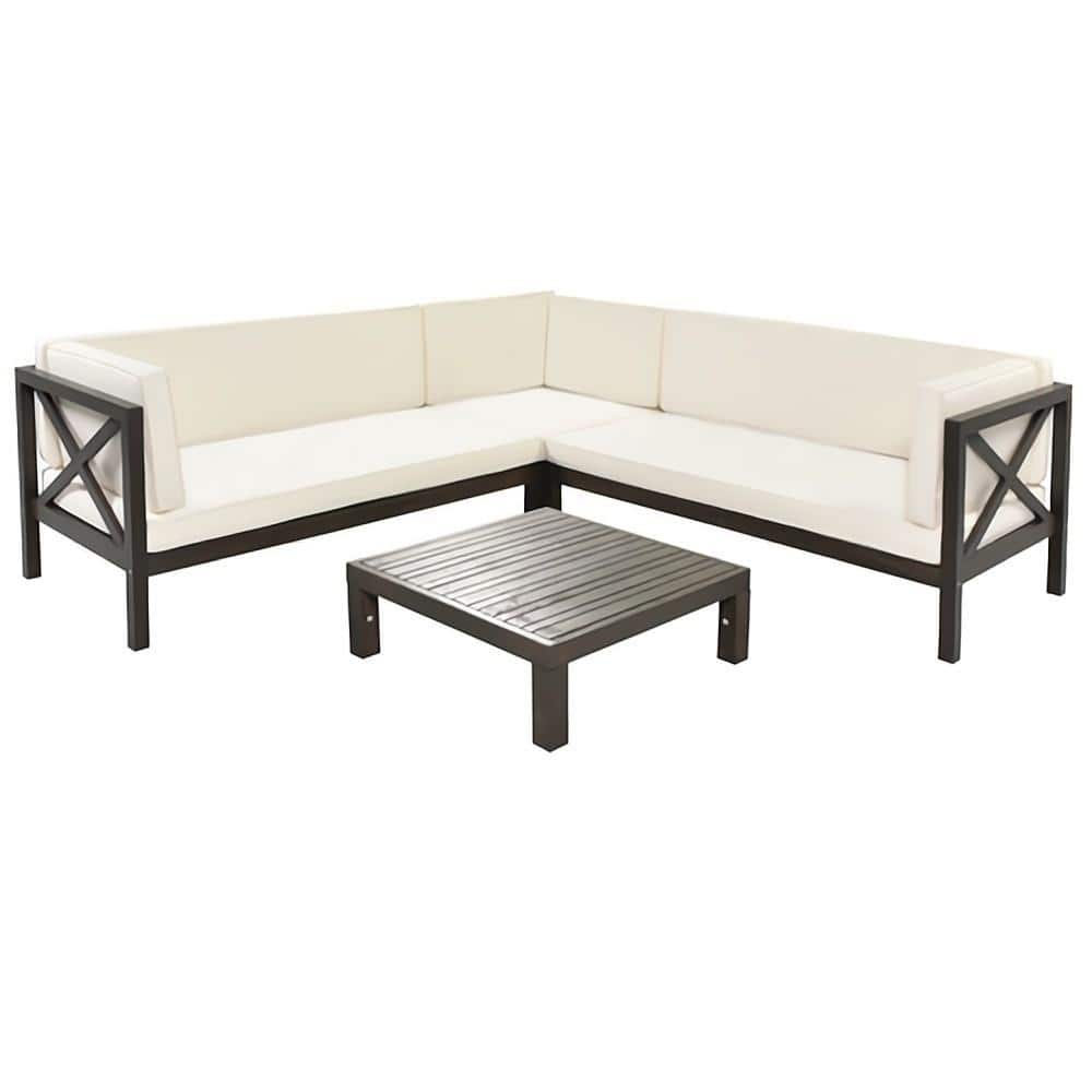 4-Piece Outdoor Wood Patio Backyard Sectional Seating Group with Beige Cushions and Table price history on PriceWatchPro