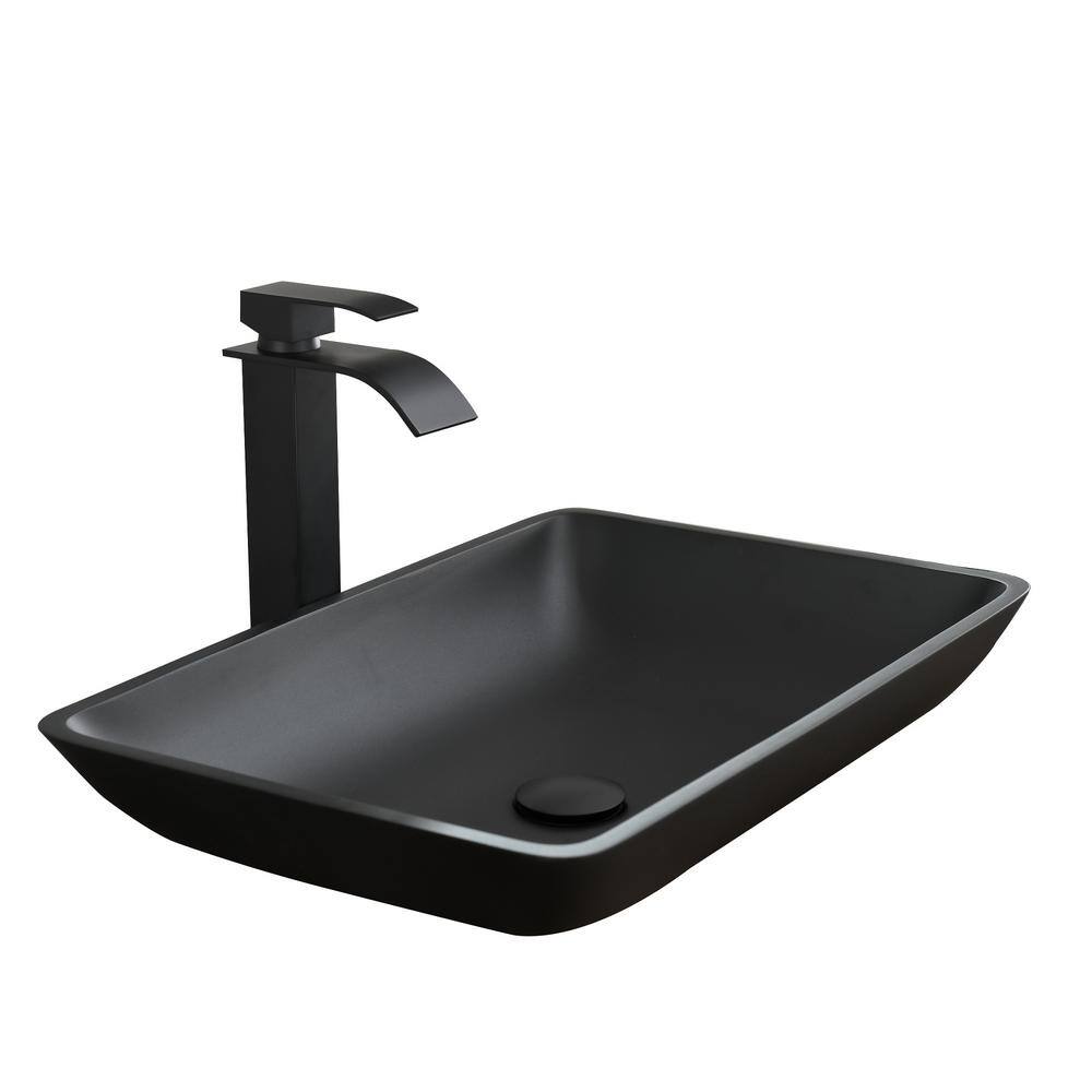 Matte Black Rectangular Glass Vessel Sink with Faucet and Drain