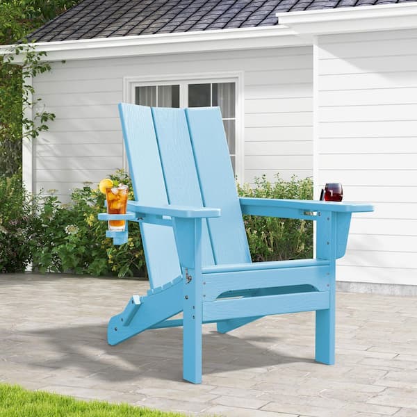 JEAREY Classic Light Blue Folding Plastic Adirondack Chair with Double Cup Holder