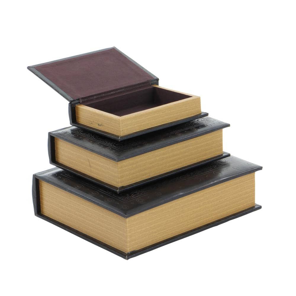Vintage Illustration Dark Brown Wood & Faux Leather Decorative Book Box Set of 3
