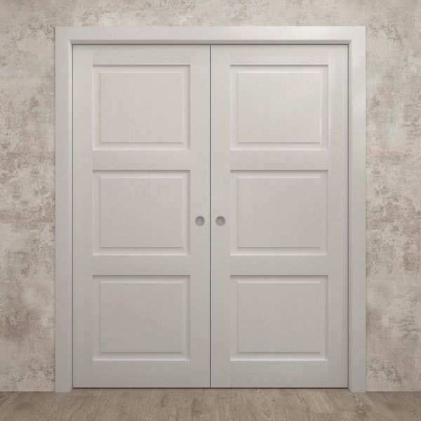 72 in. x 84 in. Painted White Oak Solid Wood Double Pocket Doors with Hardware