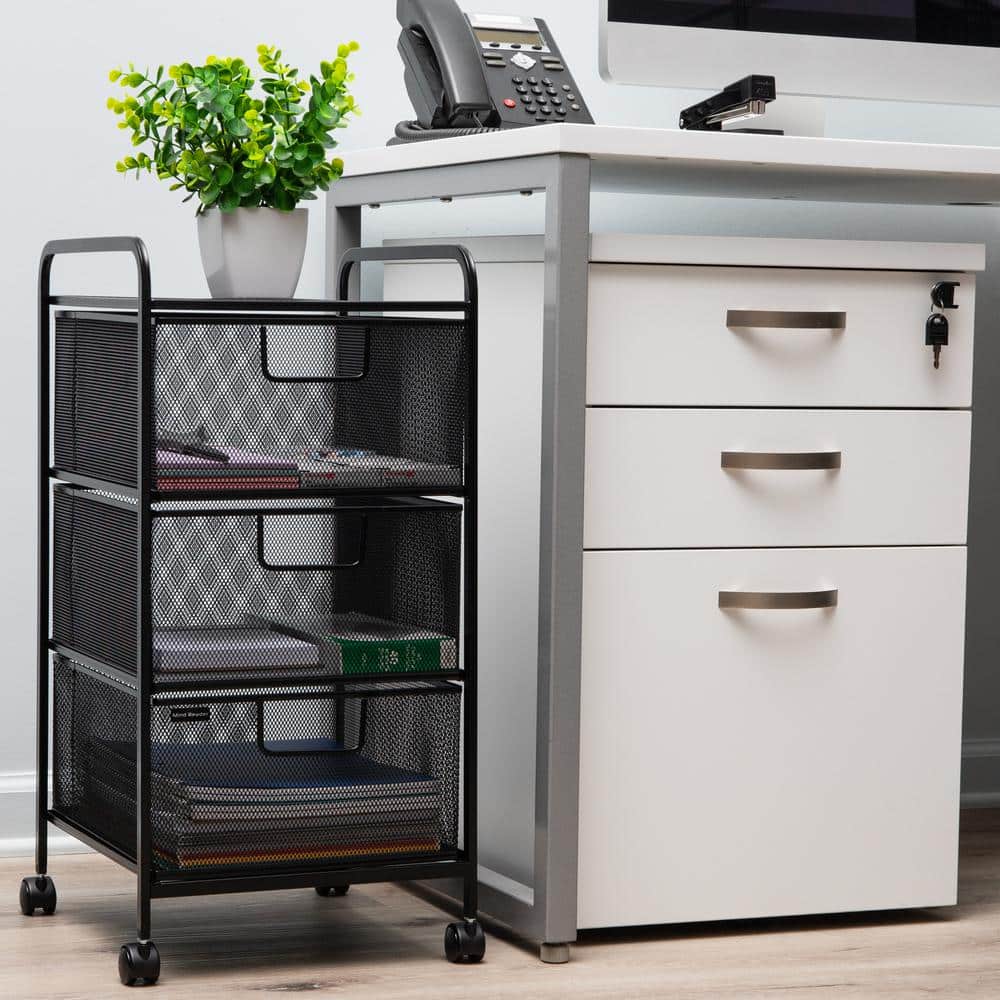 Black Metal Mesh 3-Drawer Rolling Storage Trolley