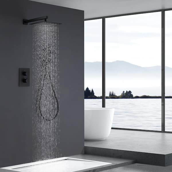 1-Spray Patterns with 4 GPM 10 in. Wall Mount Dual Shower Heads in Matte Black