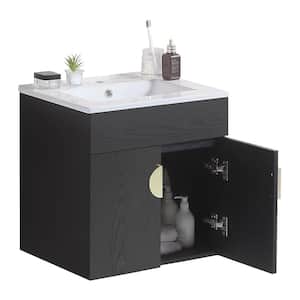 20 in. W x 16 in. D x 20 in. H Wall Mounted Bathroom Vanity with Single Sink and White Ceramic Top 2-Doors,Black