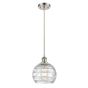 Athens Deco Swirl 1-Light Brushed Satin Nickel Clear Deco Swirl Shaded Pendant Light with Clear Deco Swirl Glass Shade