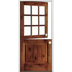 32 in. x 80 in. Farmhouse Knotty Alder Left-Hand/Inswing Clear Glass Red Chestnut Stain Dutch Wood Prehung Front Door