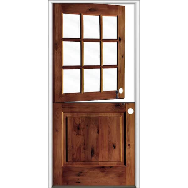 Krosswood Doors 32 in. x 80 in. Farmhouse Knotty Alder Left-Hand/Inswing Clear Glass Red Chestnut Stain Dutch Wood Prehung Front Door