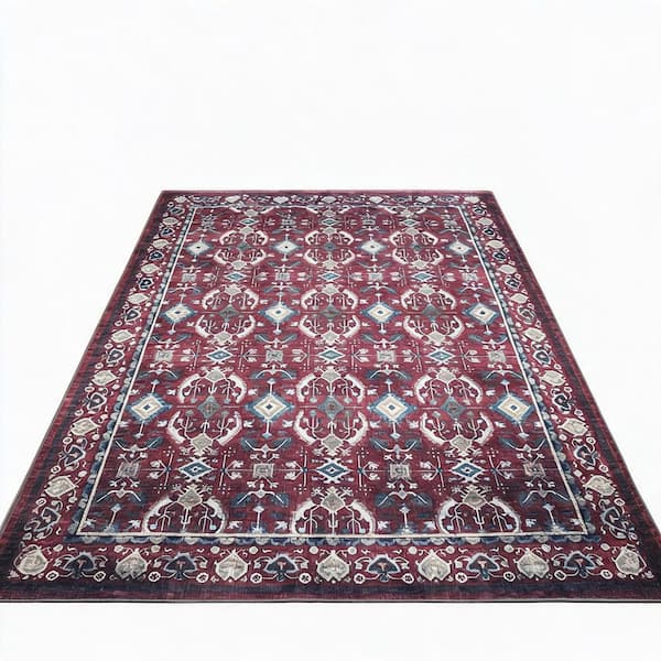 Red 9 X 12 ft. Vintage Boho Washable Low Pile Area Rug, Non-Slip Stain Resistant Indoor Carpet for Living Room, Bedroom