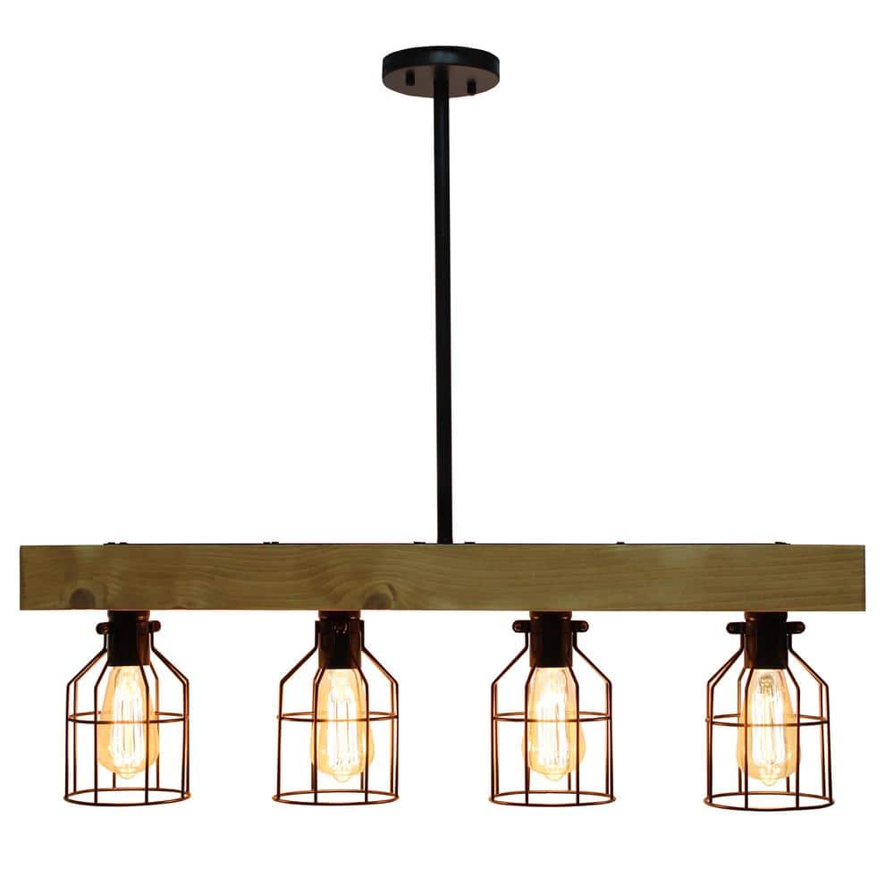 Rustic 4-Light Wooden Beam Farmhouse Pendant in Light Wood