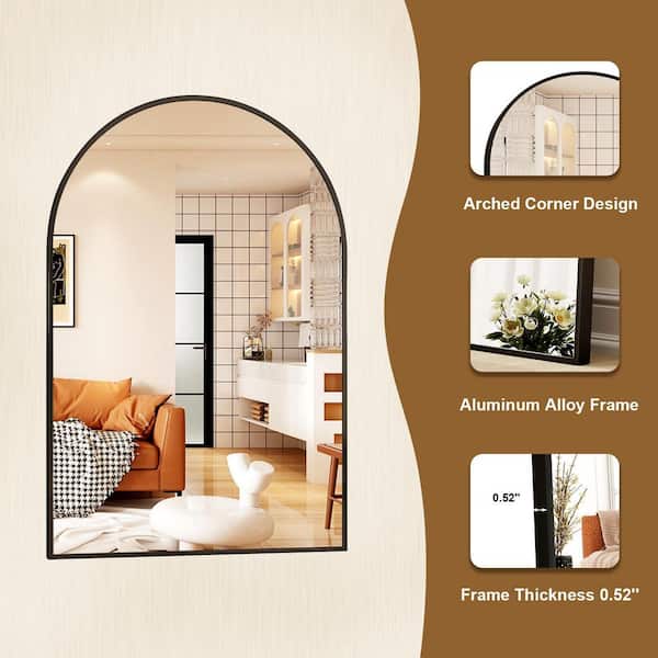 20 in. W x 30 in. H Arched Bathroom Mirror Black Mirror Aluminum Alloy Frame Wall Mirror