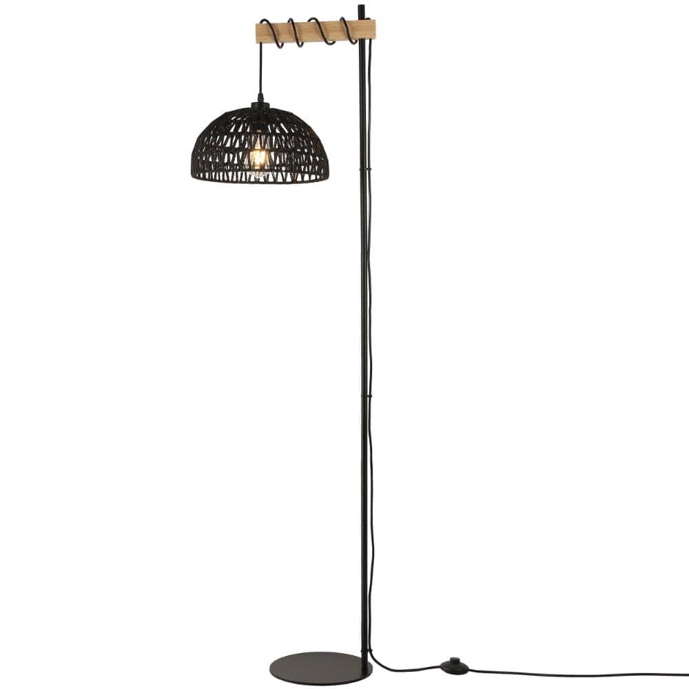 Modern 62 in. 1-Light Wood Boho Woven Standard Floor Lamp for Living Room with Black Hemp Rope Shade, Foot Switch price history on PriceWatchPro
