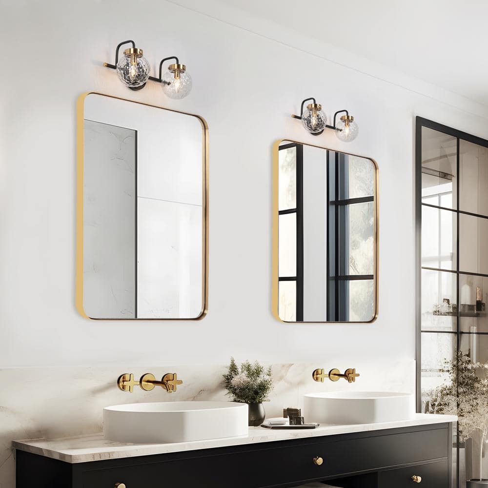 Astrid 15" Black and Gold Ripple Glass 2-Light Vanity Fixture
