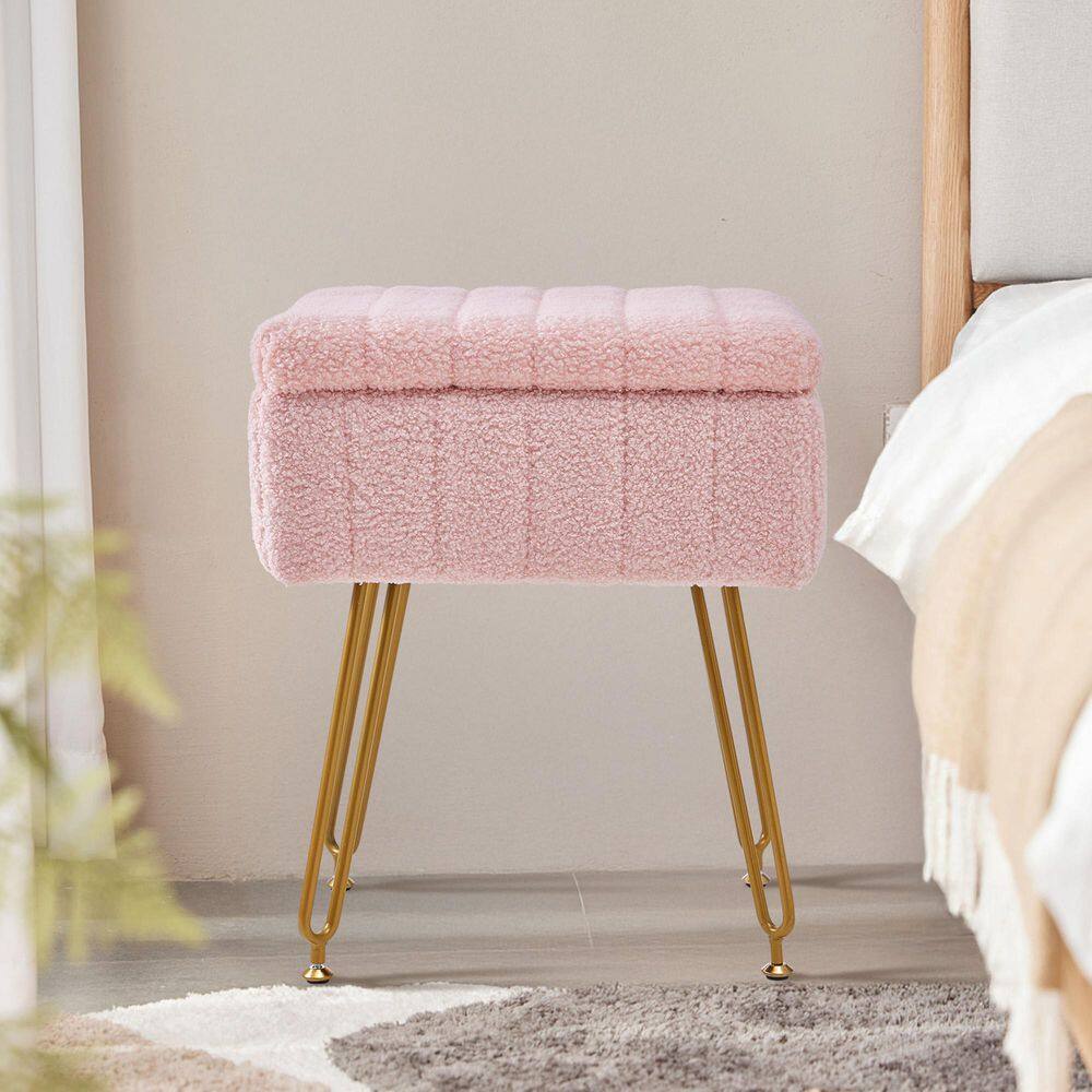 Cream White Teddy Fabric Square Storage Small (Under 22 in. ) Ottoman