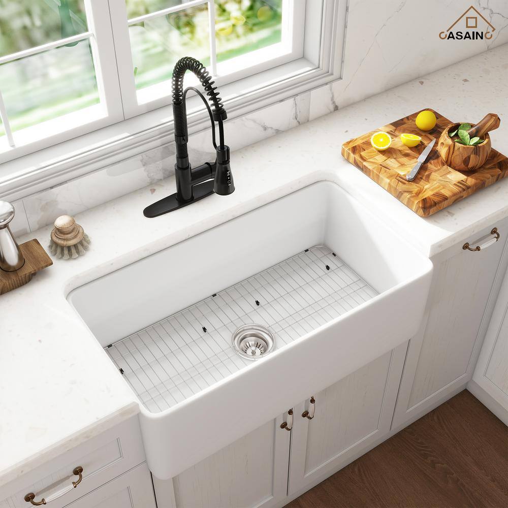 White Fireclay Single Bowl Farmhouse Kitchen Sink with Matte Black Faucet