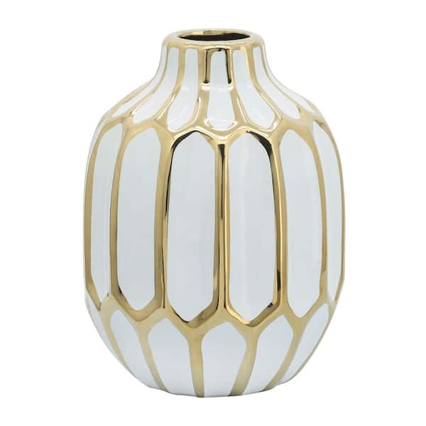 Liv & Skye 8 in. White/Gold Ceramic Bud Decorative Vase