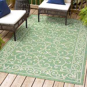 Charleston Vintage Filigree Textured Weave Green/Ivory 4 ft. x 6 ft. Indoor/Outdoor Area Rug