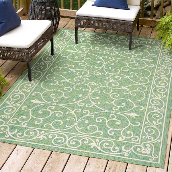 Charleston Vintage Filigree Textured Weave Green/Ivory 8 ft. x 10 ft. Indoor/Outdoor Area Rug