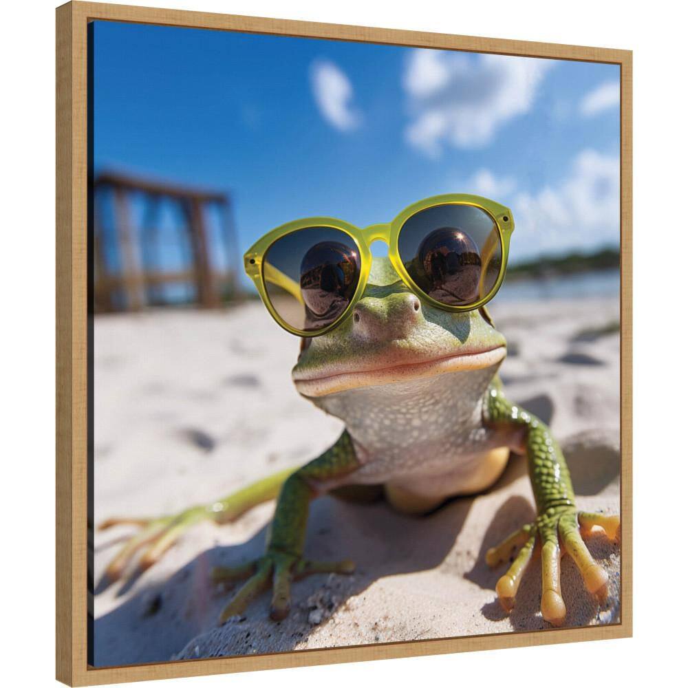 "Sylvie ""Funny Animal Beach Cool Frog"" by The Creative Bunch Studio Natural Framed Art Print 22 in. x 22 in." price history on PriceWatchPro