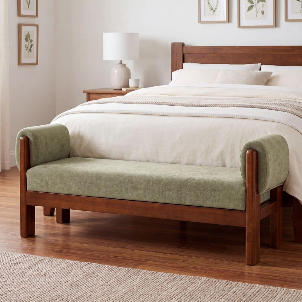 Mid-Century Modern Green Fabric Upholstered Rectangle Accent Ottoman Bench with Arms price history on PriceWatchPro