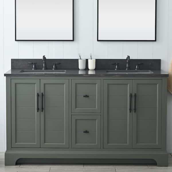 Chambery 60 in. W x 22 in. D x 34.5 in. H Double Sink Freestanding Bath Vanity in Vintage Green with Stone Top