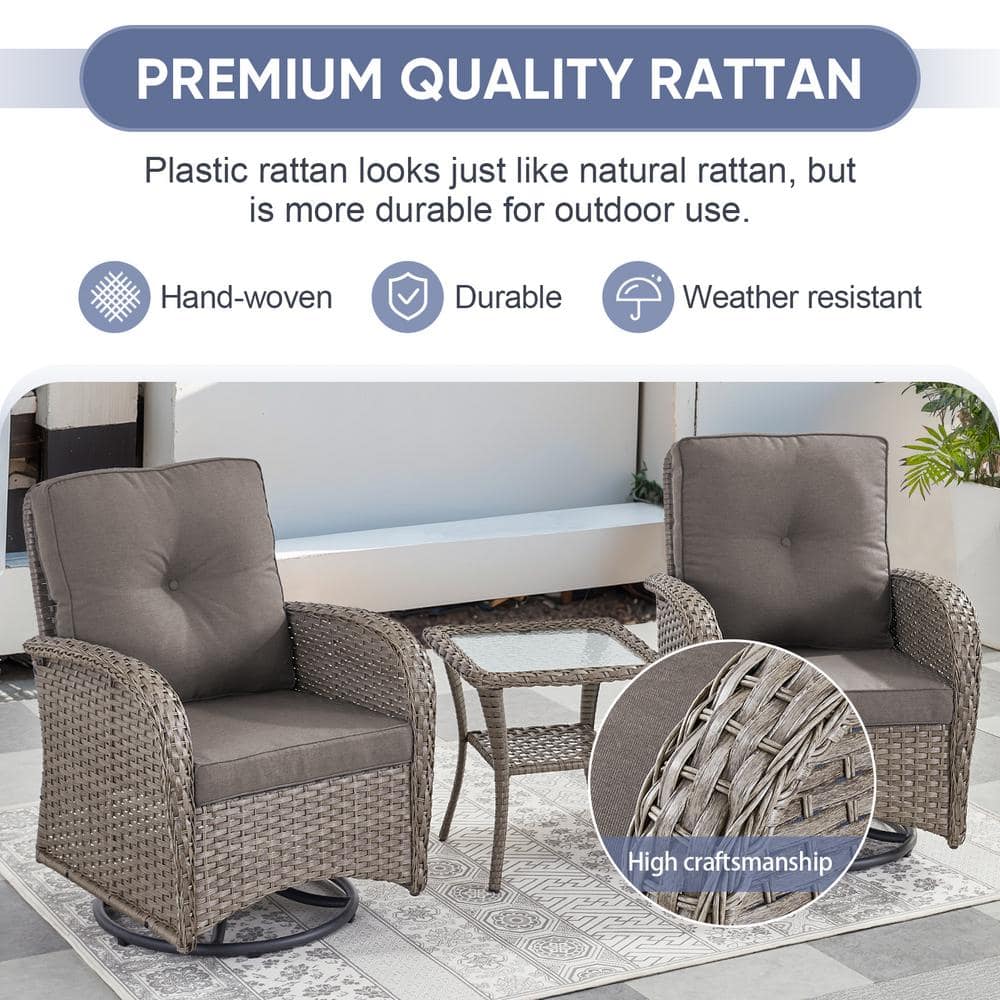 Gray Wicker 3-Piece Outdoor Rocking Chair Set with Cushions and Glass Table