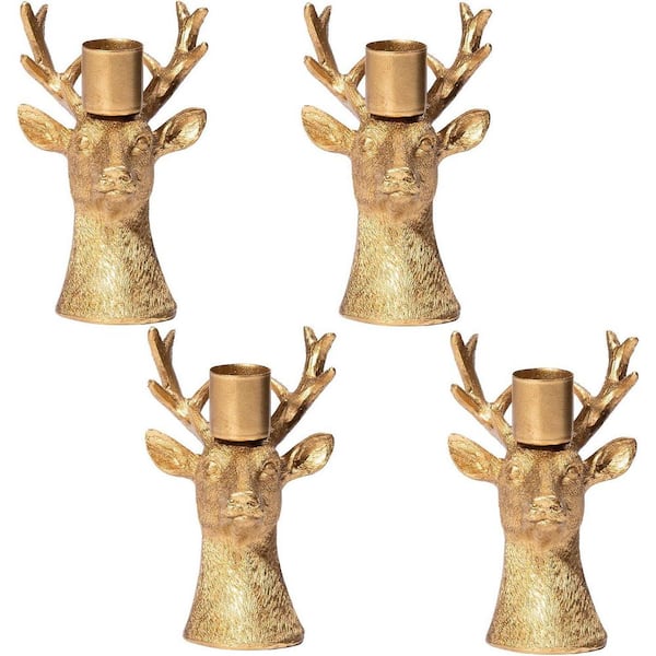 Set of 4 Vintage Gold Resin Reindeer Candle Holders-Deer Candlesticks for Table, Mantel, and Christmas Decor